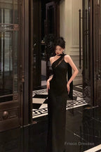 Sexy A Line One Shoulder Black Floor Length Prom Dresses Birthday Dress
