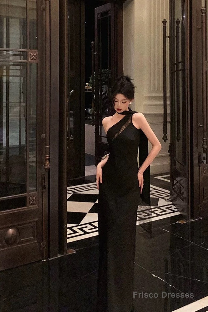 Sexy A Line One Shoulder Black Floor Length Prom Dresses Birthday Dress