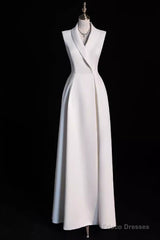 Sexy A Line Satin Party Dresses Long White Prom Dresses