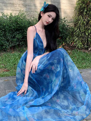 Sexy A Line Spaghetti Straps Blue Floral Backless Holiday Beach Dress WomenS Long Vacation Dresses