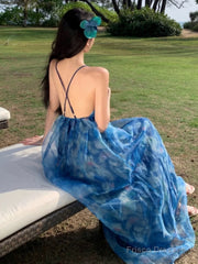 Sexy A Line Spaghetti Straps Blue Floral Backless Holiday Beach Dress WomenS Long Vacation Dresses