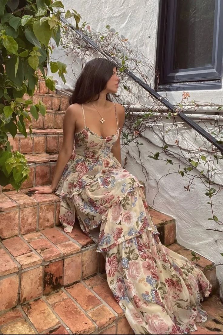 Sexy A Line Spaghetti Straps Floor Length Floral Evening Dress Chiffon Prom Dresses