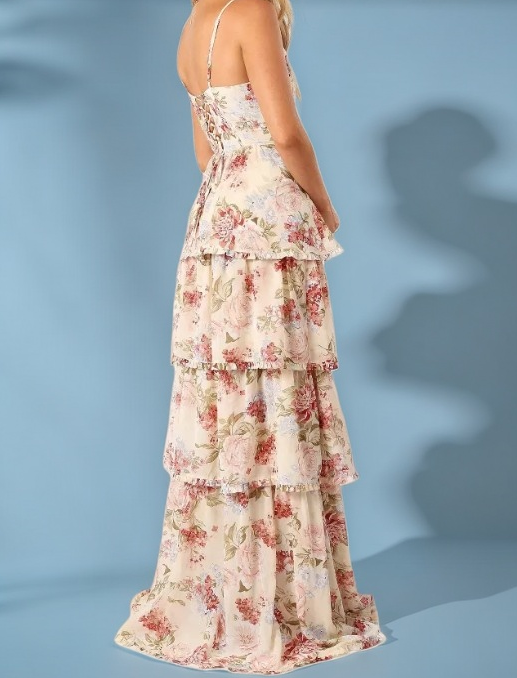 Sexy A Line Spaghetti Straps Floor Length Floral Evening Dress Chiffon Prom Dresses