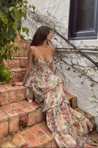 Sexy A Line Spaghetti Straps Floor Length Floral Evening Dress Chiffon Prom Dresses