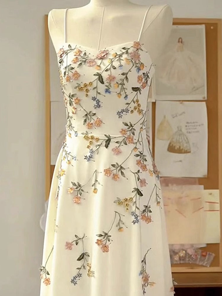 Sexy A Line Spaghetti Straps Ivory Floral Satin Prom Dresses Birthday Outfits Evening Gown Secondary image