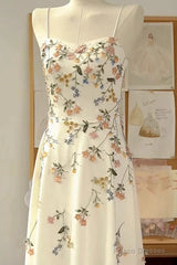 Sexy A Line Spaghetti Straps Ivory Floral Satin Prom Dresses Birthday Outfits Evening Gown