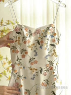 Sexy A Line Spaghetti Straps Ivory Floral Satin Formal Prom Dress Birthday Outfits Evening Gown