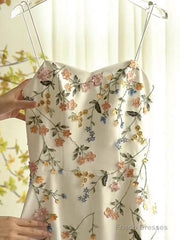 Sexy A Line Spaghetti Straps Ivory Floral Satin Prom Dresses Birthday Outfits Evening Gown