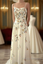 Sexy A Line Spaghetti Straps Ivory Floral Satin Formal Prom Dress Birthday Outfits Evening Gown