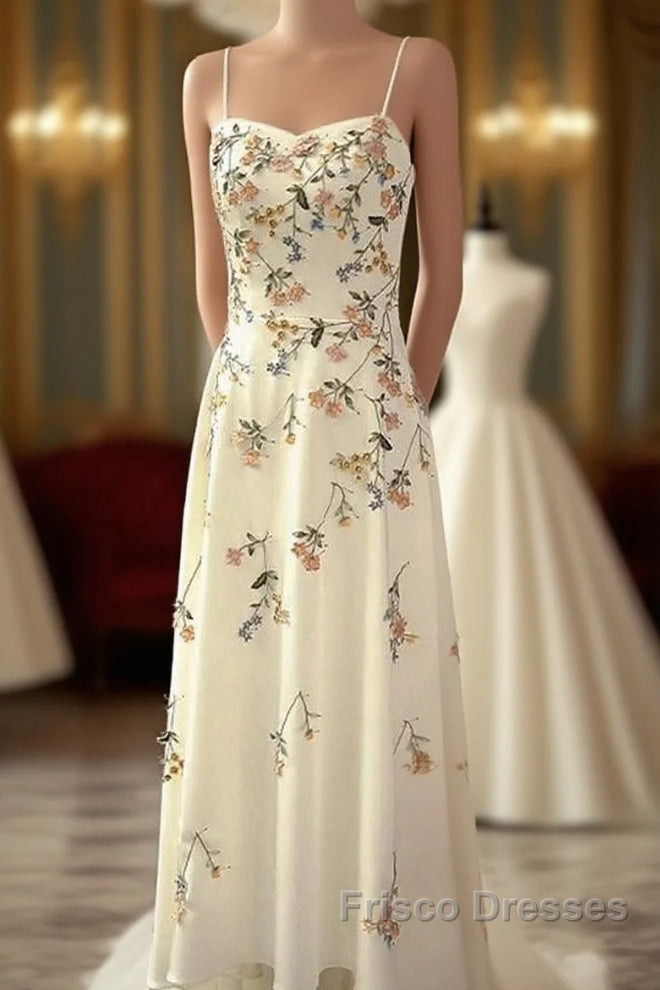 Sexy A Line Spaghetti Straps Ivory Floral Satin Formal Prom Dress Birthday Outfits Evening Gown