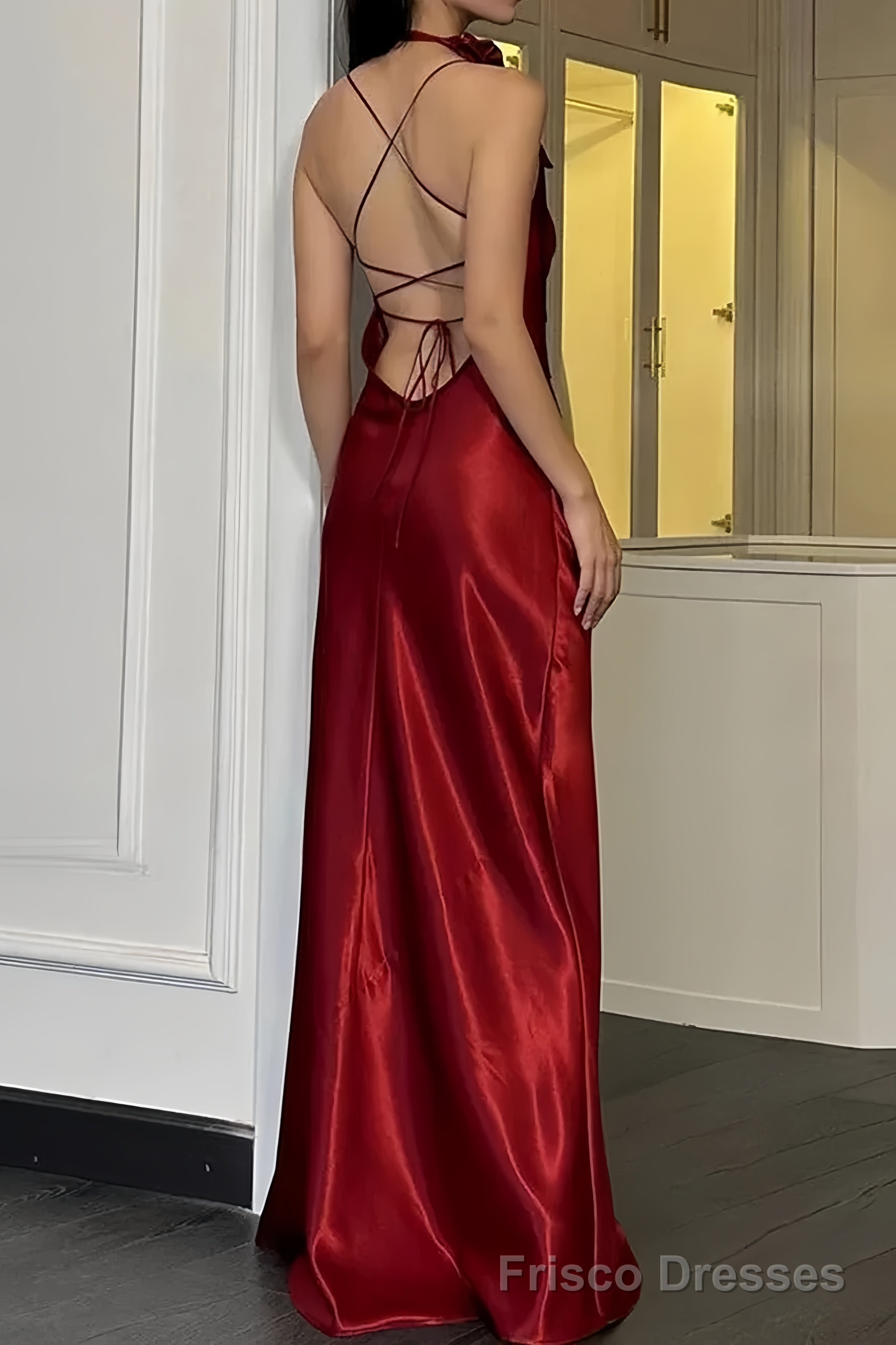 Sexy A Line Spaghetti Straps Red Floor Length Backless Prom Dresses Secondary image