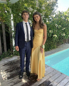 Sexy A Line Spaghetti Straps Yellow Party Dress Slit Prom Dress