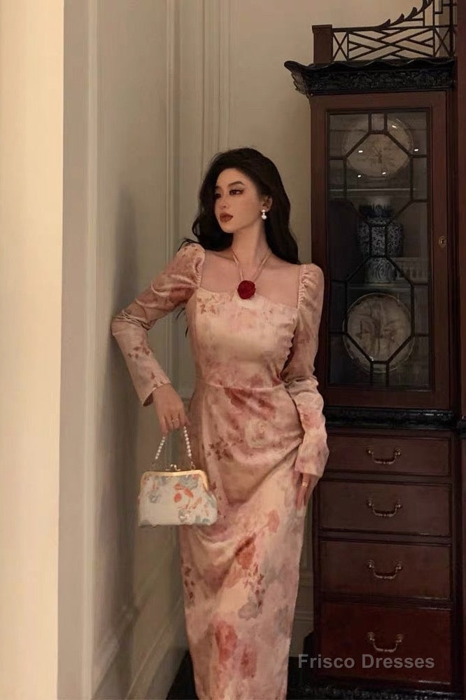 Sexy A Line Square Neckline Long Sleeves Pink Floral Prom Dresses Birthday Outfits Evening Gown