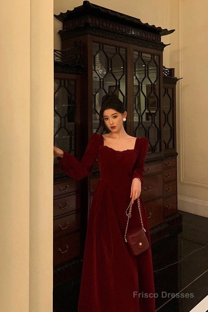 Sexy A Line Square Neckline Long Sleeves Tea Length Velvet Prom Dresses Birthday Outfits Secondary image