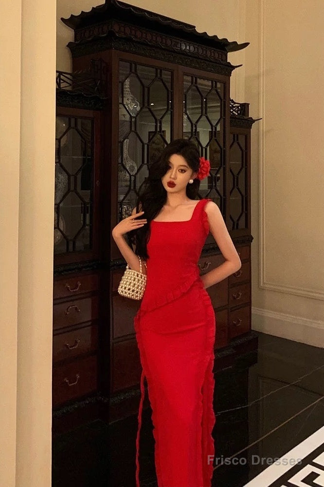 Sexy A Line Square Neckline Red Chiffon Prom Dresses Birthday Outfits Evening Gown