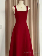Sexy A Line Square Neckline Red Satin Ankle Length Evening Dress Prom Dresses