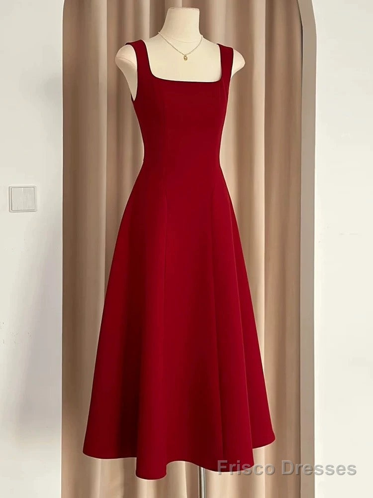 Sexy A Line Square Neckline Red Satin Ankle Length Evening Dress Prom Dresses Main image