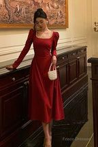 Sexy A Line Square Neckline Red Velvet Prom Dresses Birthday Outfits Evening Gown