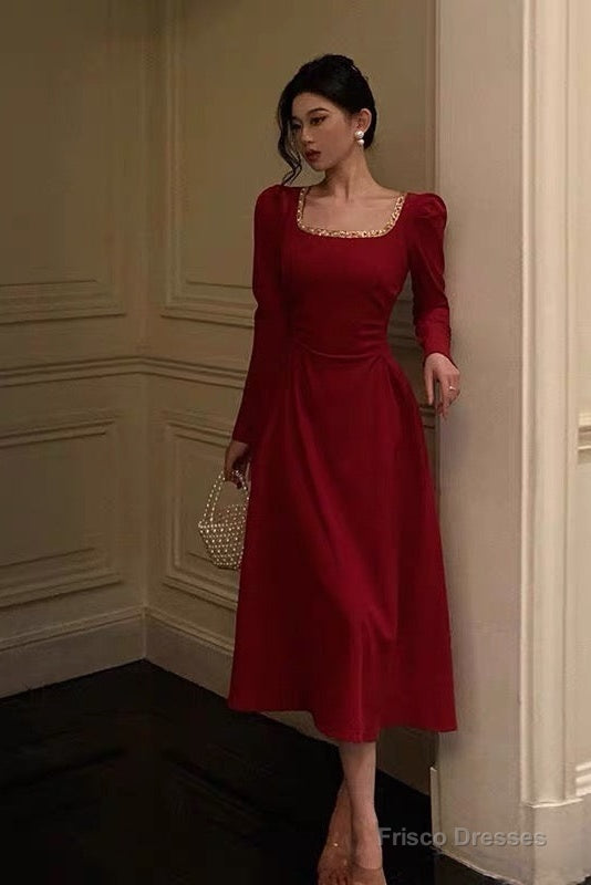 Sexy A Line Square Neckline Red Velvet Prom Dresses Birthday Outfits Evening Gown Main image