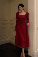 Sexy A Line Square Neckline Red Velvet Prom Dresses Birthday Outfits Evening Gown