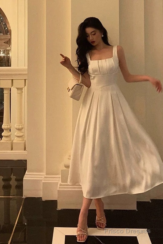Sexy A Line Square Neckline White Satin Prom Dresses Birthday Outfits Evening Gown