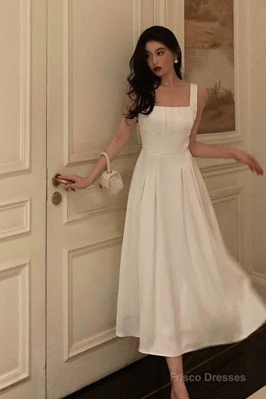 Sexy A Line Square Neckline White Satin Prom Dresses Birthday Outfits Evening Gown Main image