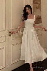 Sexy A Line Square Neckline White Satin Prom Dresses Birthday Outfits Evening Gown