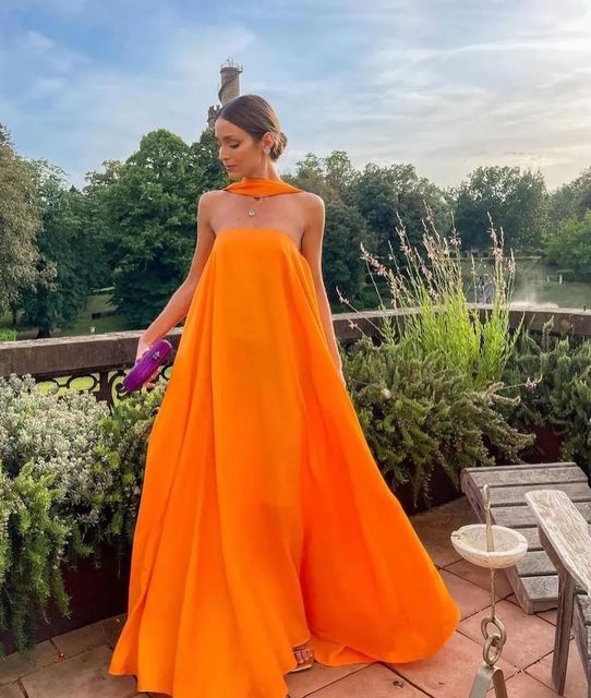 Sexy A Line Strapless Chiffon Organge Long Prom Dresses Main image