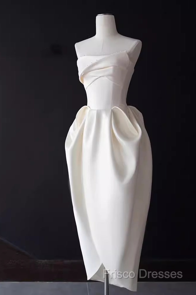Sexy A Line Strapless Satin White Tea Length Wedding Dress Brides Dress