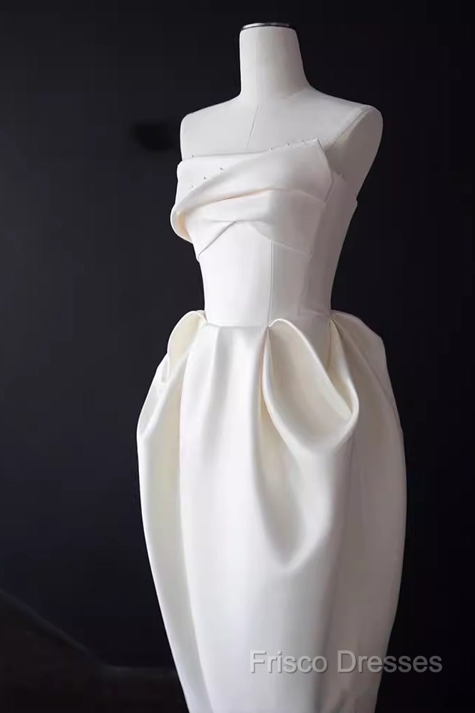 Sexy A Line Strapless Satin White Tea Length Wedding Dress Brides Dress