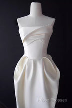Sexy A Line Strapless Satin White Tea Length Wedding Dress Brides Dress