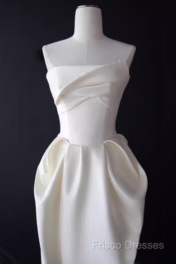 Sexy A Line Strapless Satin White Tea Length Wedding Dress Brides Dress