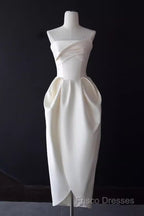 Sexy A Line Strapless Satin White Tea Length Wedding Dress Brides Dress