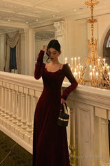 Sexy A Line Straps Burgundy Velvet Long Sleeves Prom Dresses Birthday Outfits