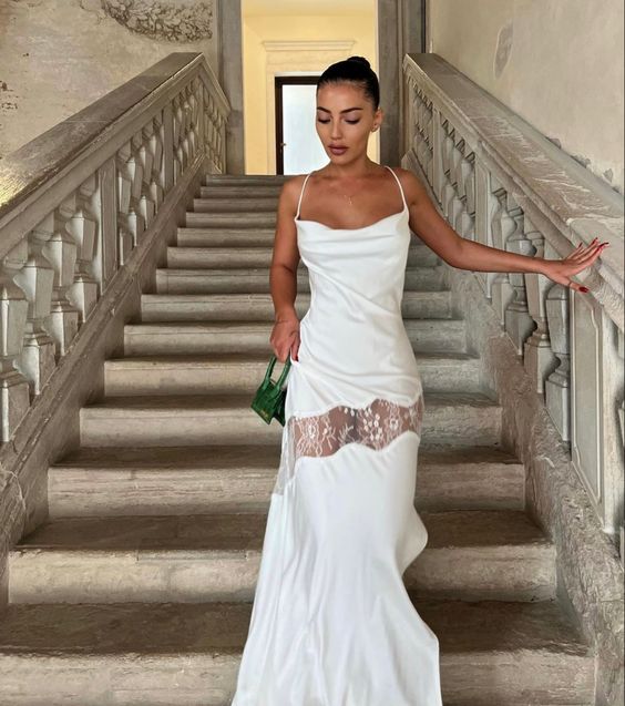 Sexy A line Straps Floor Length Backless White Prom Dress 1699 Main image