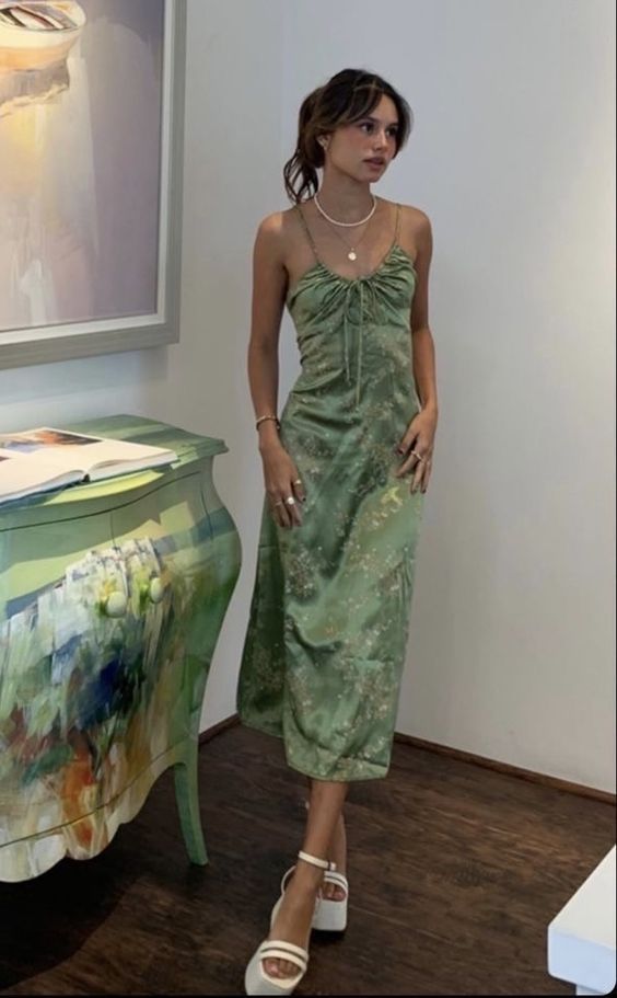 Sexy A Line Straps Green Floral Prom Dresses Evening Dress