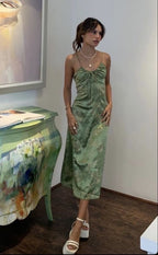Sexy A Line Straps Green Floral Prom Dresses Evening Dress