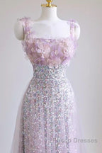 Sexy A Line Straps Lilac Sequin Formal Prom Dress