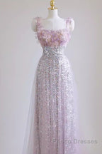 Sexy A Line Straps Lilac Sequin Formal Prom Dress