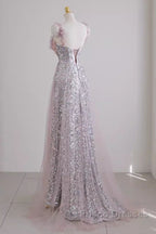 Sexy A Line Straps Lilac Sequin Formal Prom Dress