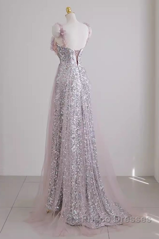Sexy A Line Straps Lilac Sequin Formal Prom Dress