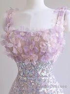 Sexy A Line Straps Lilac Sequin Formal Prom Dress