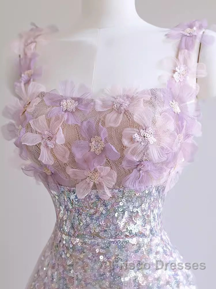Sexy A Line Straps Lilac Sequin Formal Prom Dress