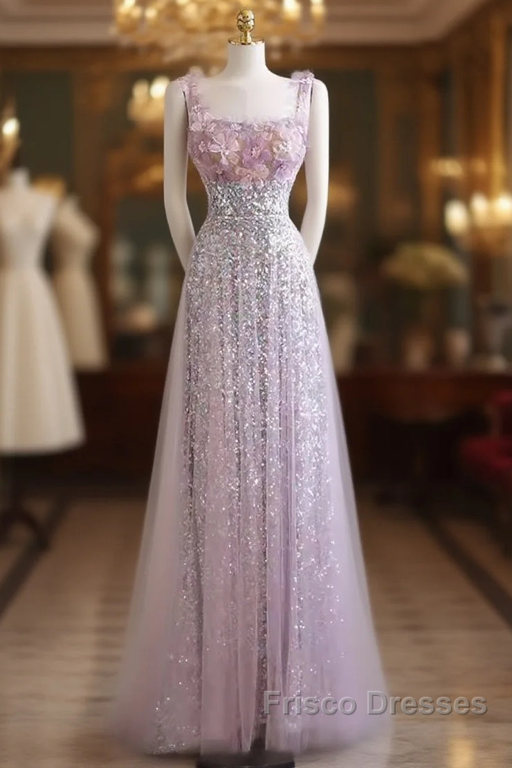 Sexy A Line Straps Lilac Sequin Formal Prom Dress