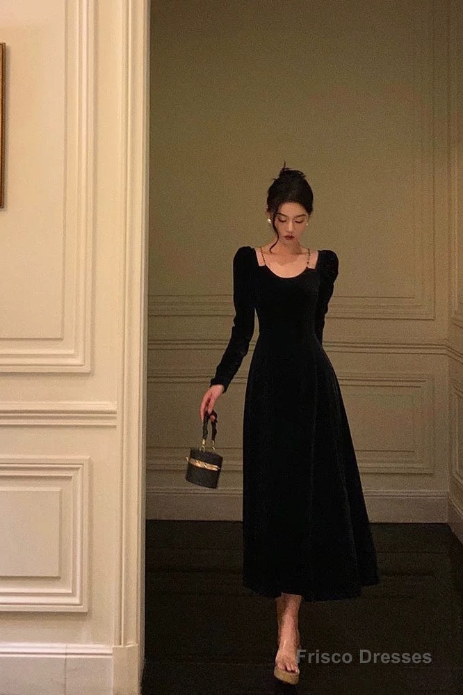Sexy A Line Straps Long Sleeves Black Velvet Prom Dresses Birthday Outfits Main image