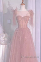 Sexy A Line Straps Neckline Long Pink Formal Prom Dress