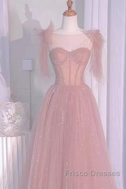 Sexy A Line Straps Neckline Long Pink Formal Prom Dress
