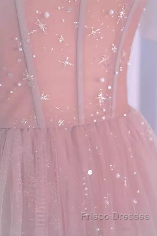 Sexy A Line Straps Neckline Long Pink Formal Prom Dress