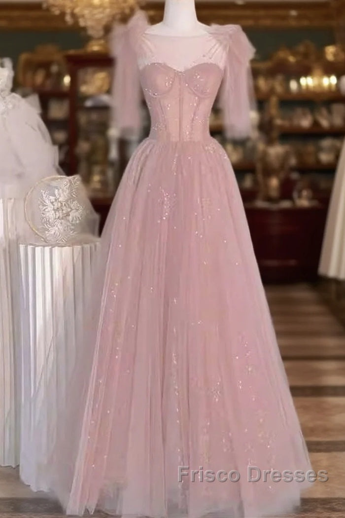 Sexy A Line Straps Neckline Long Pink Formal Prom Dress
