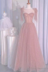 Sexy A Line Straps Neckline Long Pink Prom Dress